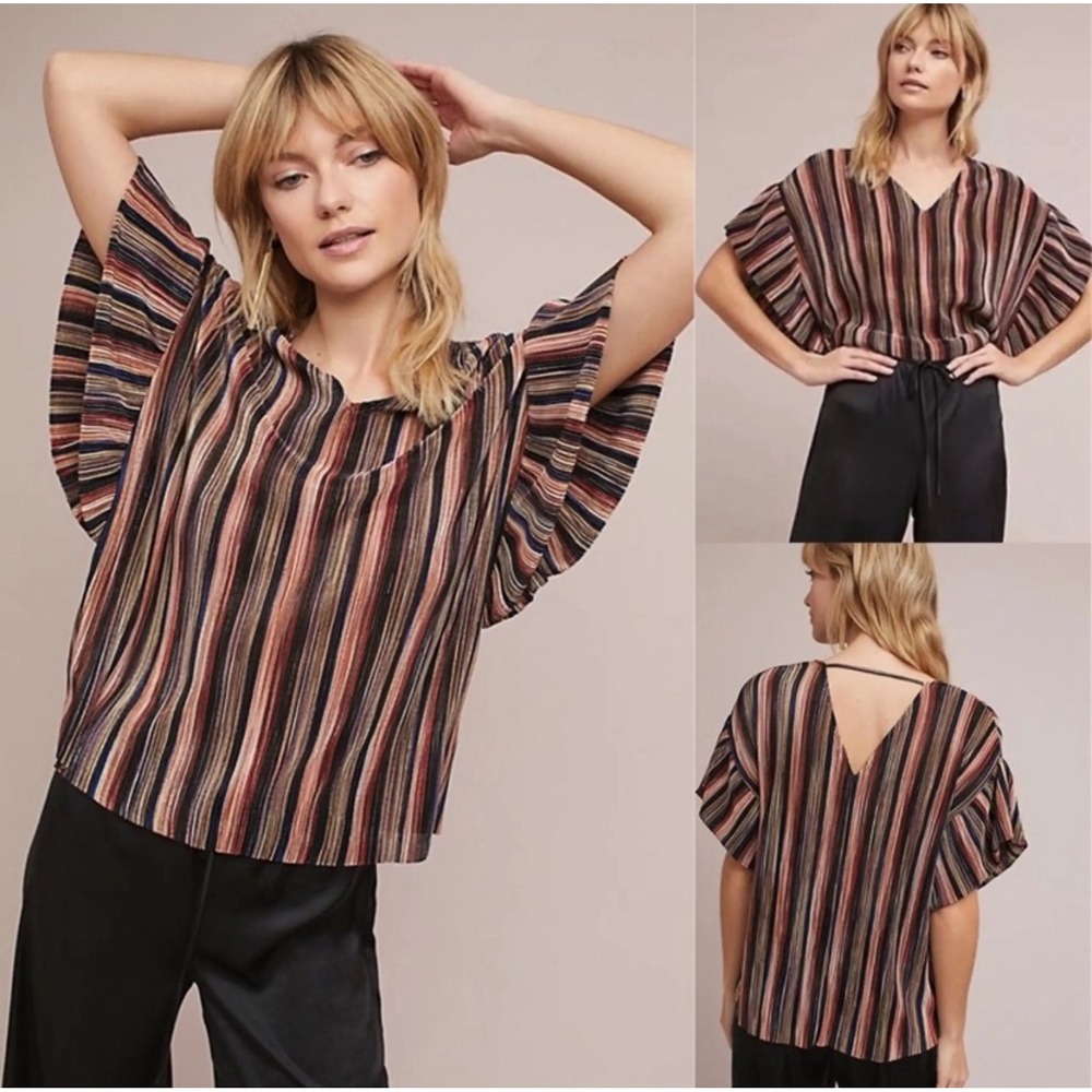Vanessa Virginia Anthropologie V Neck Striped Metallic Flutter Ruffle Sleeve S‎